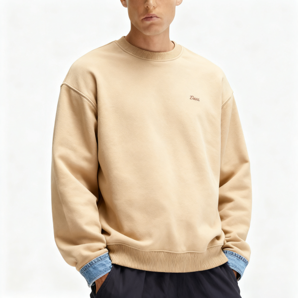Beige Denim Cuff Embroidered Crewneck