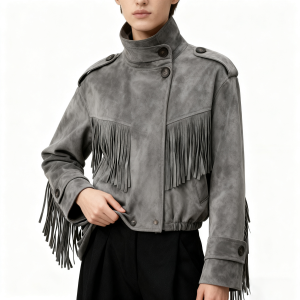 Gray Suede Fringe-Accented Jacket