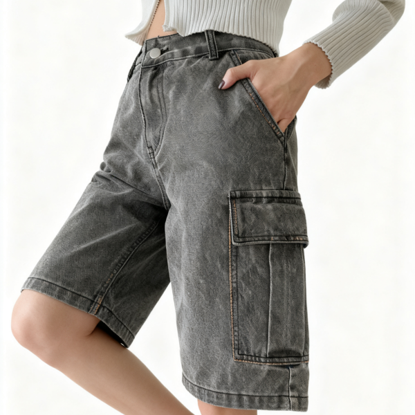 Charcoal Washed Denim Cargo Shorts