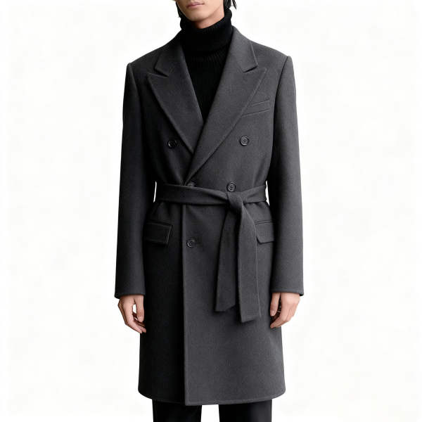 Gray Double-Breasted Belted Wool Coat
