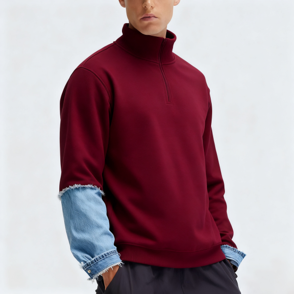 Burgundy Denim Sleeve Quarter-Zip Crewneck