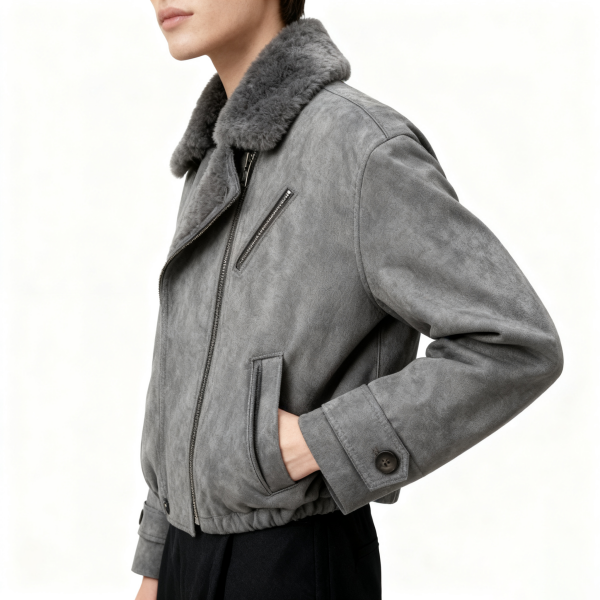 Gray Suede Shearling-Collar Moto Jacket