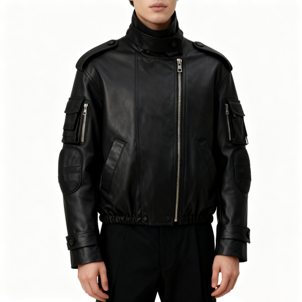 Black Tactical Leather Bomber Jacket